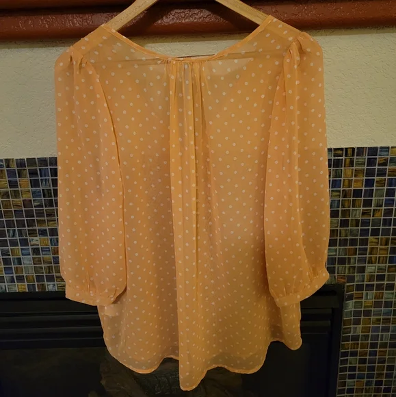 Sheer peach chiffon blouse with white polka-dots. Pearl and gold buttons. Size L - Picture 7 of 12